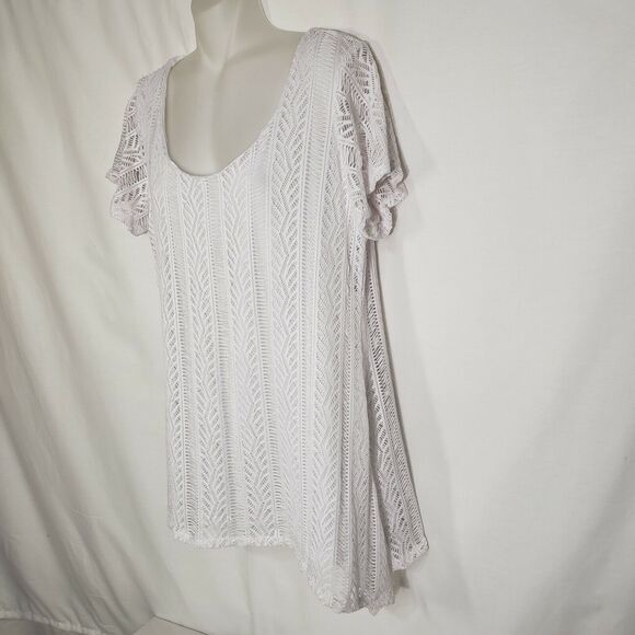 Notations Women’s Top Medium White Lace Overlay Short Sleeve Lined Asymmetrical - Picture 4 of 10